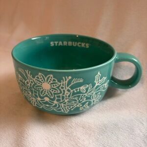 Starbucks 2022 Holiday Mug Spearmint Turquoise Green Floral Lace Ceramic